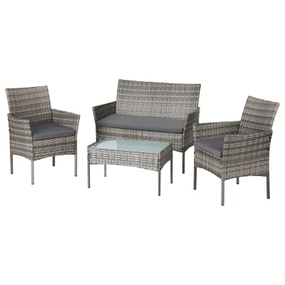 Gardeon 4 Seater Outdoor Sofa Set - Grey Wicker, Steel Frame, Cushions, Tempered Glass Table, Indoor/Outdoor Use