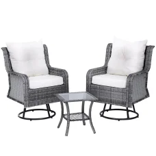Gardeon 3PC Grey Wicker Bistro Set: Swivel Chairs & Table, UV-Resistant Cushions, Steel Frame, Indoor/Outdoor Use