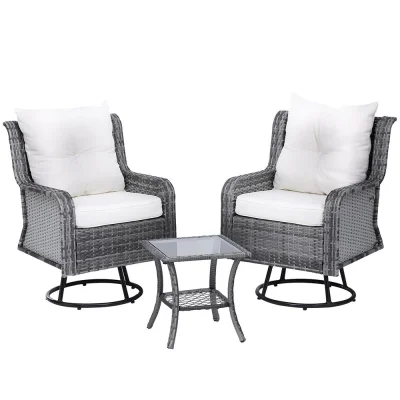 Gardeon 3PC Grey Wicker Bistro Set: Swivel Chairs & Table, UV-Resistant Cushions, Steel Frame, Indoor/Outdoor Use