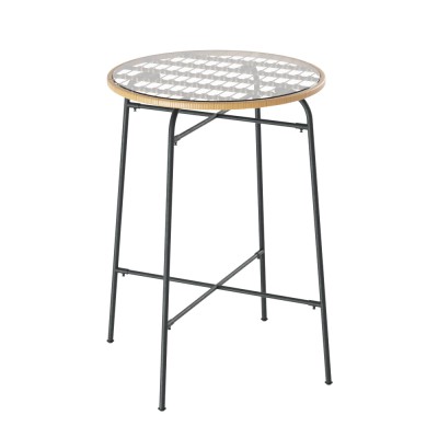 Gardeon Outdoor Bar Table - Wicker & Glass, 70x70x100cm, UV-Resistant, Adjustable Feet, Sturdy Steel Frame, Beige/Black