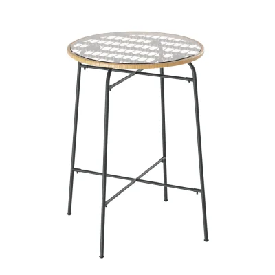 Gardeon Outdoor Bar Table - Wicker & Glass, 70x70x100cm, UV-Resistant, Adjustable Feet, Sturdy Steel Frame, Beige/Black