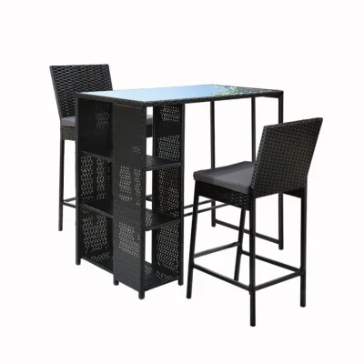 Gardeon 3-Piece Outdoor Bar Set: Wicker Table & Chairs with Cushions, Tempered Glass Top, Weather-Resistant Frame