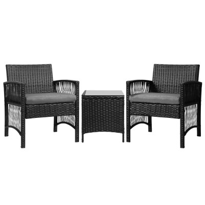 Gardeon 3PC Outdoor Bistro Set: UV-Resistant PE Wicker, Galvanised Steel, 5cm Cushions, Tempered Glass Table, Black