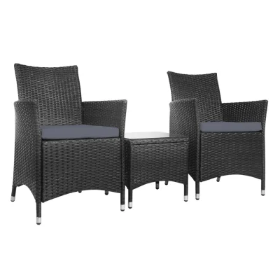 Gardeon 3PC Outdoor Bistro Set - Black Wicker Chairs & Glass Table, UV & Weather Resistant, Cushioned Comfort