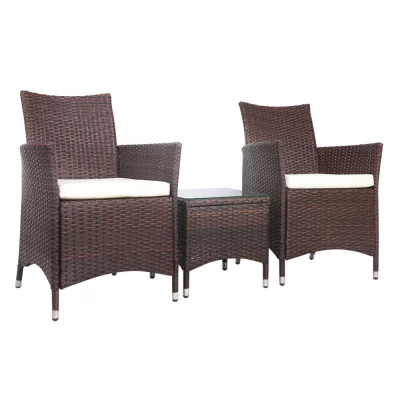 Gardeon 3PC Outdoor Bistro Set: Brown Wicker Patio Furniture with Cushioned Chairs & Glass Top Table, Weather-Resistant