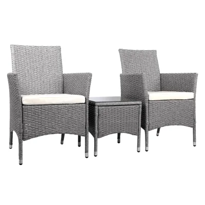 Gardeon 3PC Outdoor Bistro Set - Grey Wicker Chairs & Table with Cushions, Steel Frame, UV & Weather Resistant