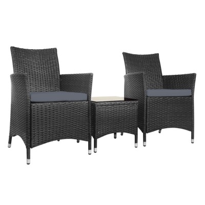 Gardeon 3PC Outdoor Bistro Set - Black Wicker Chairs & Glass Table, Weatherproof, UV-Resistant, Cushioned Comfort Gardeon 3PC Outdoor Bistro Set - Black Wicker Chairs & Glass Table, Weatherproof, UV-Resistant, Cushioned Comfort