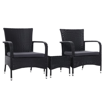 Gardeon 3PC Outdoor Patio Bistro Set - UV-Resistant Wicker, Steel Frame, Glass Table, Cushioned Chairs, Weatherproof