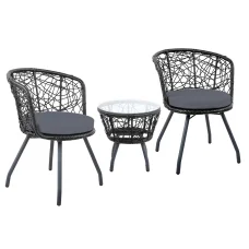 Gardeon 3PC Bistro Set - Black Outdoor Rattan Furniture with Cushioned Chairs & Tempered Glass Table, Weather-Resistant