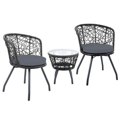 Gardeon 3PC Bistro Set - Black Outdoor Rattan Furniture with Cushioned Chairs & Tempered Glass Table, Weather-Resistant