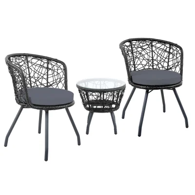Gardeon 3PC Bistro Set - Black Outdoor Rattan Furniture with Cushioned Chairs & Tempered Glass Table, Weather-Resistant