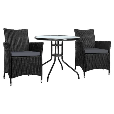 Gardeon 3PC Outdoor Bistro Set with Wicker Chairs, Glass Table, Cushions, UV Resistant, Parasol Hole, Easy Assembly Gardeon 3PC Outdoor Bistro Set with Wicker Chairs, Glass Table, Cushions, UV Resistant, Parasol Hole, Easy Assembly