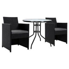 Gardeon 3PC Bistro Set - Rattan Outdoor Furniture with Cushions, Steel Frame, Tempered Glass Table, UV-Resistant Wicker
