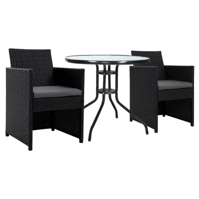 Gardeon 3PC Bistro Set - Rattan Outdoor Furniture with Cushions, Steel Frame, Tempered Glass Table, UV-Resistant Wicker