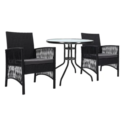 Gardeon 3PC Bistro Set: Outdoor Rattan Furniture with Table & Chairs, UV-Resistant Wicker, Cushions, Parasol Hole, Black