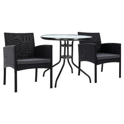 Gardeon 3PC Bistro Set: Outdoor Rattan Furniture with Cushions, Tempered Glass Table, UV-Resistant, and Parasol Hole