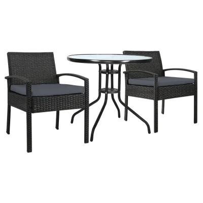 Gardeon 3PC Outdoor Bistro Set - Rattan Chairs, Cushions & Glass Table, UV-Resistant PE Wicker, Black, Easy Assembly