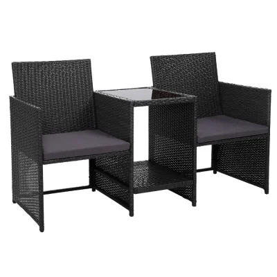 Gardeon Outdoor Wicker Loveseat Bistro Set - UV & Weather Resistant, Black, 153x48x86cm, Steel Frame, Glass Tabletop