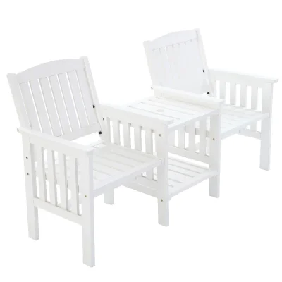 Gardeon Outdoor Garden Bench Loveseat - White Fir Wood, 2-Seater with Table, Parasol Hole, 165x58.5x87.5cm, Weather