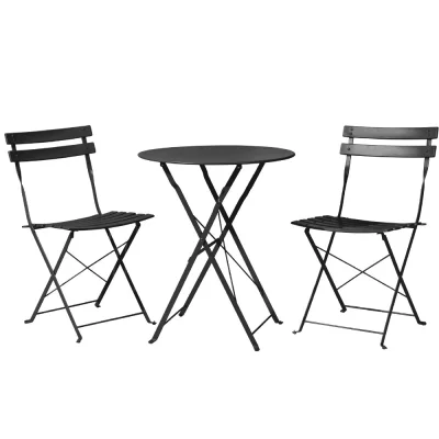 Gardeon 3PC Outdoor Bistro Set - Black Steel, Foldable, Weather-Resistant, No Assembly, 150kg Chair Capacity, 60cm Table