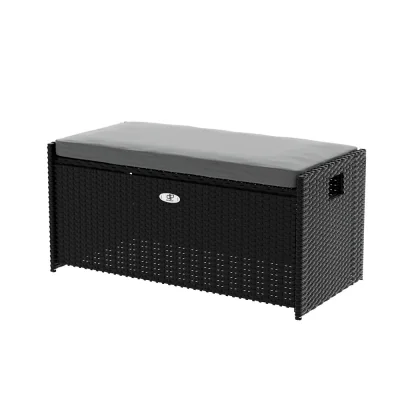 Gardeon 102L Wicker Outdoor Storage Bench, Black – Weather-Resistant, 300kg Capacity, with Cushion & Steel Frame