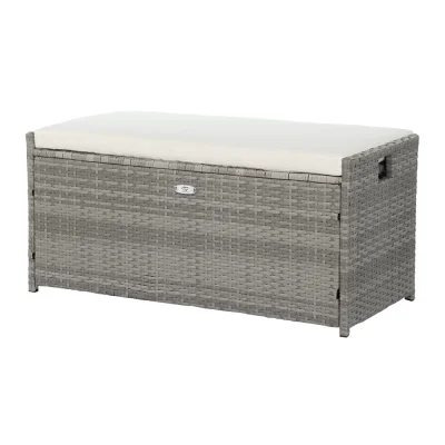 Gardeon 102L Wicker Outdoor Storage Bench - Durable, UV-Resistant, 2-in-1 Design with Cushion, Grey, 300kg Capacity