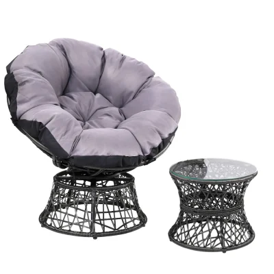 Gardeon Outdoor Papasan Chair Set - Black, PE Wicker, 360° Rotation, UV-Resistant, Includes Side Table with Glass Top