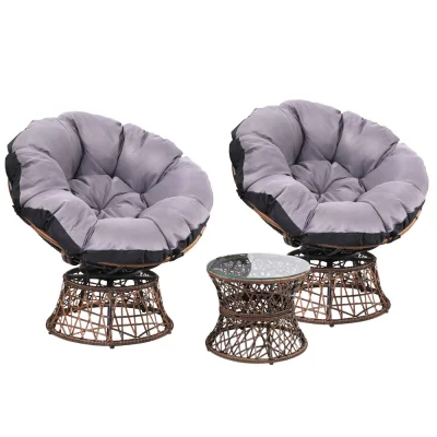 Gardeon Outdoor Lounge Set: Brown Wicker Papasan Chairs, 360° Rotatable, UV-Resistant Cushions, Tempered Glass Table