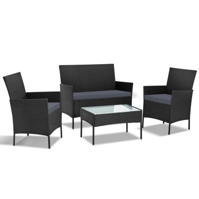 Gardeon 4-Piece Black Rattan Outdoor Sofa Set - Wicker Loveseat, Armchairs & Glass Table, Weather-Resistant Furniture Gardeon 4-Piece Black Rattan Outdoor Sofa Set - Wicker Loveseat, Armchairs & Glass Table, Weather-Resistant Furniture