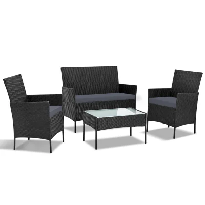 Gardeon 4-Piece Black Rattan Outdoor Sofa Set - Wicker Loveseat, Armchairs & Glass Table, Weather-Resistant Furniture