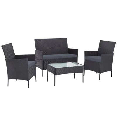 Gardeon 4-Piece Dark Grey Wicker Outdoor Sofa Set – Includes Loveseat, Armchairs, Side Table, Removable Cushions