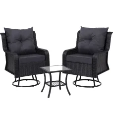 Gardeon 3PC Black Wicker Outdoor Furniture Set - Swivel Chairs & Table with Cushions, Durable Steel Frame, UV-Resistant