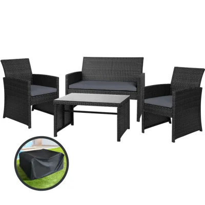 Gardeon 4-Piece Outdoor Sofa Set - Black Rattan, Steel Frame, UV-Resistant, with Cushions & Storage Cover, Easy Assembly Gardeon 4-Piece Outdoor Sofa Set - Black Rattan, Steel Frame, UV-Resistant, with Cushions & Storage Cover, Easy Assembly