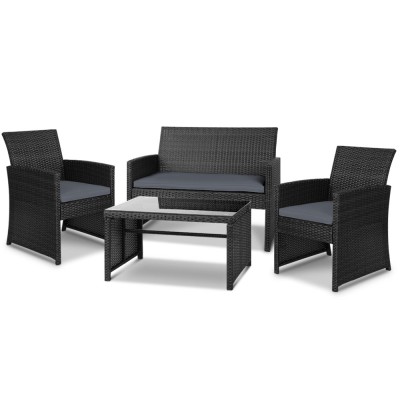 Gardeon 4-Piece Outdoor Sofa Set - Black Wicker with Cushions, Steel Frame, Tempered Glass Table, Weather-Resistant