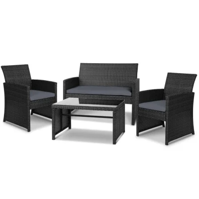 Gardeon 4-Piece Outdoor Sofa Set - Black Wicker with Cushions, Steel Frame, Tempered Glass Table, Weather-Resistant