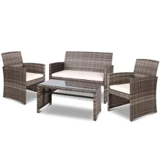 Gardeon 4-Piece Grey Outdoor Furniture Set: Rattan Sofa, Chairs & Table with Cushions, Weather-Resistant Wicker