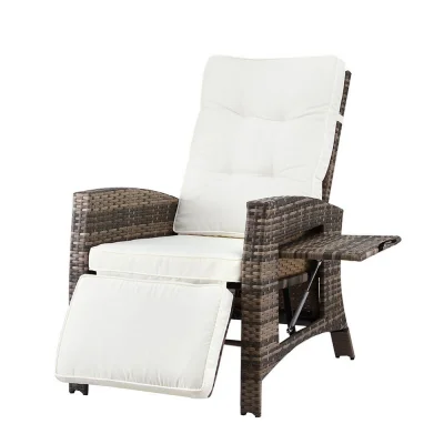 Gardeon Outdoor Recliner Chair - Adjustable Brown Wicker Lounge with Side Table, Steel Frame, High-Density Foam Cushion