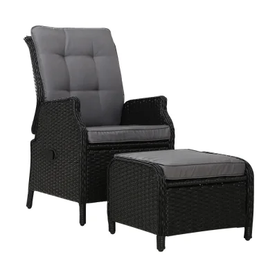 Gardeon Outdoor Recliner Chair Set, Adjustable Wicker Lounger with Ottoman, UV-Resistant, Black, High-Density Cushions
