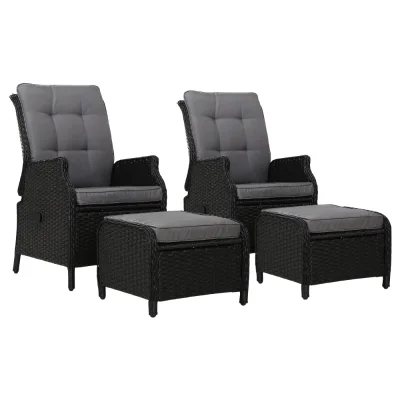 Gardeon 2PC Black Wicker Recliner Set: UV-Resistant, Adjustable, Steel Frame, High-Density Cushions, Indoor/Outdoor Use
