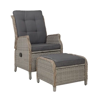 Gardeon Outdoor Wicker Recliner Chair Set with Ottoman, Adjustable Backrest, UV-Resistant PE Wicker, Grey, 57x61x94cm