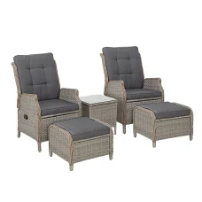 Gardeon 5PC Grey Wicker Recliner Set: Adjustable Chairs, Ottomans & Table, UV-Resistant PE Wicker, Indoor/Outdoor Use