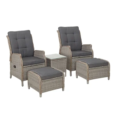 Gardeon 5PC Grey Wicker Recliner Set: Adjustable Chairs, Ottomans & Table, UV-Resistant PE Wicker, Indoor/Outdoor Use