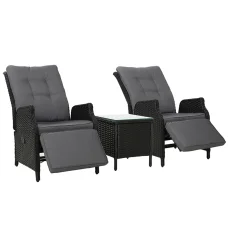 Gardeon 3PC Outdoor Wicker Recliner Set, Adjustable Chairs & Table, UV-Resistant, Steel Frame, Removable Cushions, Black