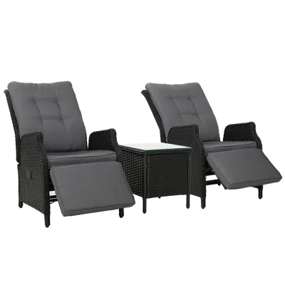 Gardeon 3PC Outdoor Wicker Recliner Set, Adjustable Chairs & Table, UV-Resistant, Steel Frame, Removable Cushions, Black