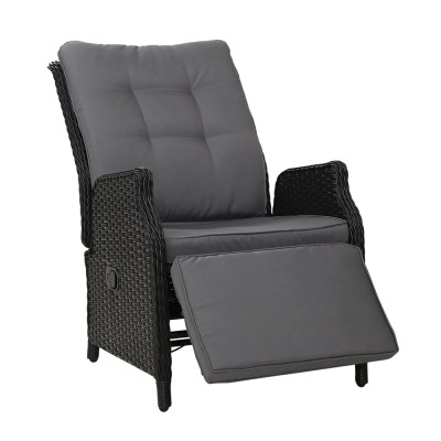 Gardeon Adjustable Outdoor Wicker Recliner Chair - Black, UV-Resistant, Steel Frame, 7cm Cushion, Indoor/Outdoor Use
