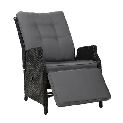 Gardeon Adjustable Outdoor Wicker Recliner Chair - Black, UV-Resistant, Steel Frame, 7cm Cushion, Indoor/Outdoor Use