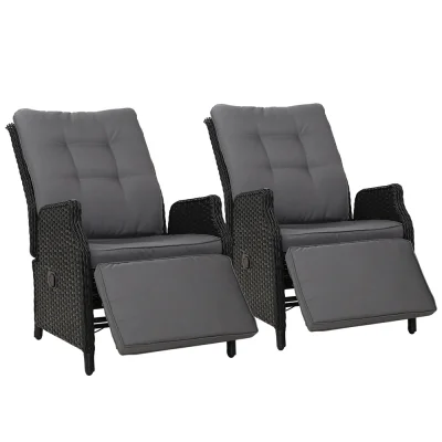 Gardeon 2PC Black Wicker Recliner Chairs - UV & Weather-Resistant, Adjustable, Indoor/Outdoor with Cushions, 57x65x95cm