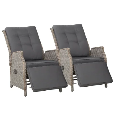 Gardeon 2PC Grey Wicker Recliner Chairs: UV-Resistant, Adjustable, Steel Frame, High-Density Cushions for Indoor/Outdoor Use