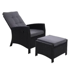 Gardeon Outdoor Recliner Chair Set - Black Wicker Lounge with Adjustable Backrest & Ottoman, UV & Weather-Resistant