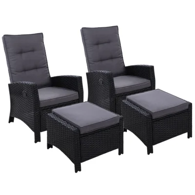 Gardeon 2PC Recliner Chairs Set - Black Wicker Outdoor Furniture with Adjustable Backrest & Ottoman, UV-Resistant